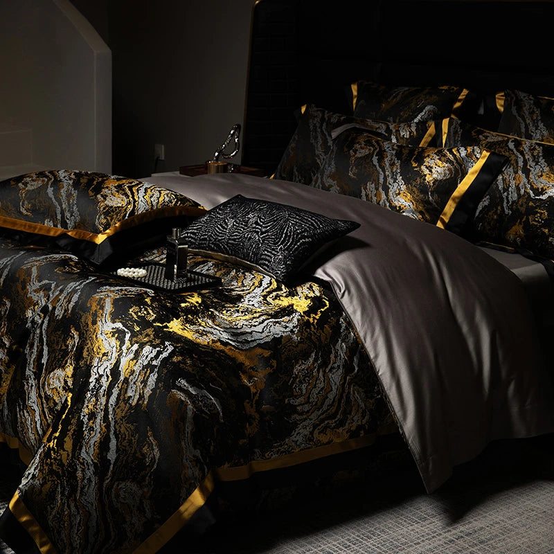 Luxury Black Gold Satin Jacquard Bedding Set 1000TC Cotton