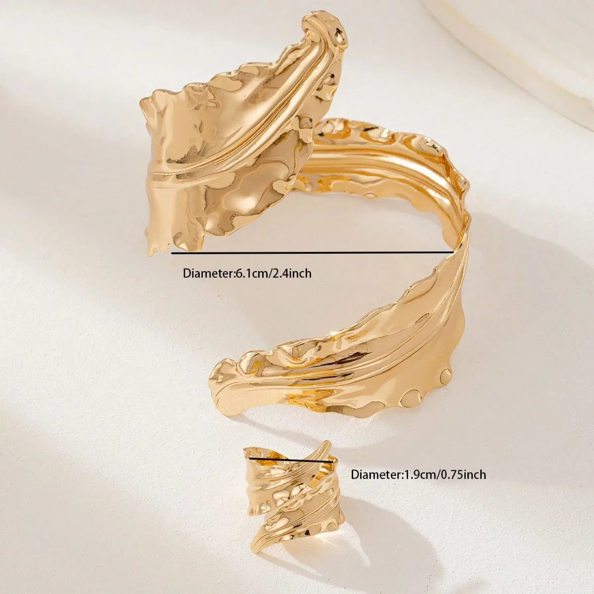Vintage Pleated Leaf Spiral Opening Bracelet Ring Set