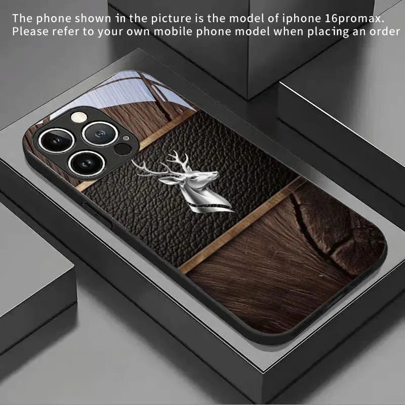 Tempered Glass Deer Head Case for iPhone – Curved Luxury Black Phone Cover
