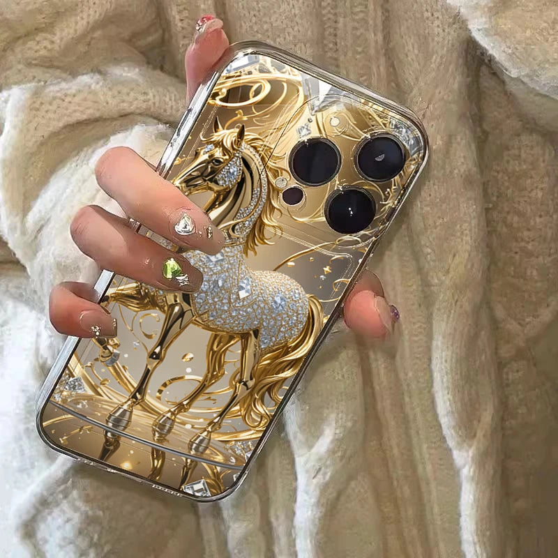 Golden Horse Diamond Printed Phone Case For iPhone