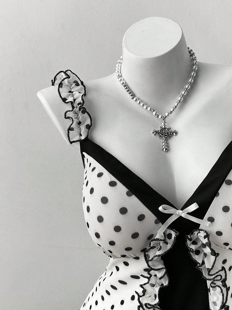 Polka Dot Ruffle Trim Bow Front Cami Mini Dress