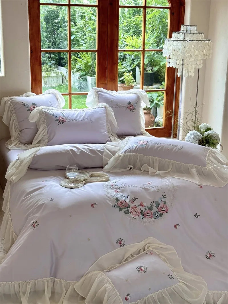 100% Egyptian Cotton Floral Embroidery Luxurious Bedding Set