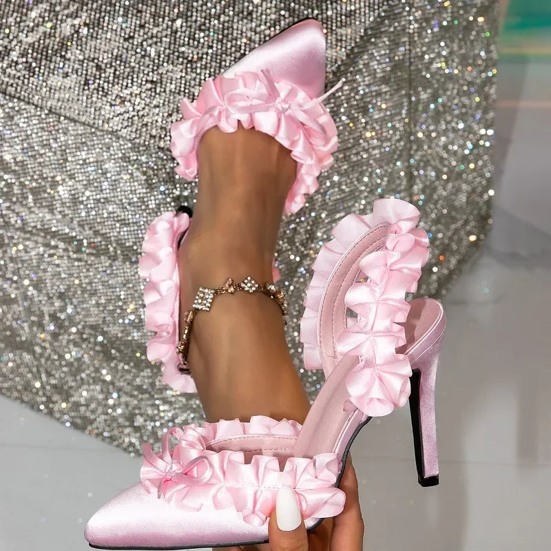 Pleated Silk Pink Pointed Toe High Heel Pumps