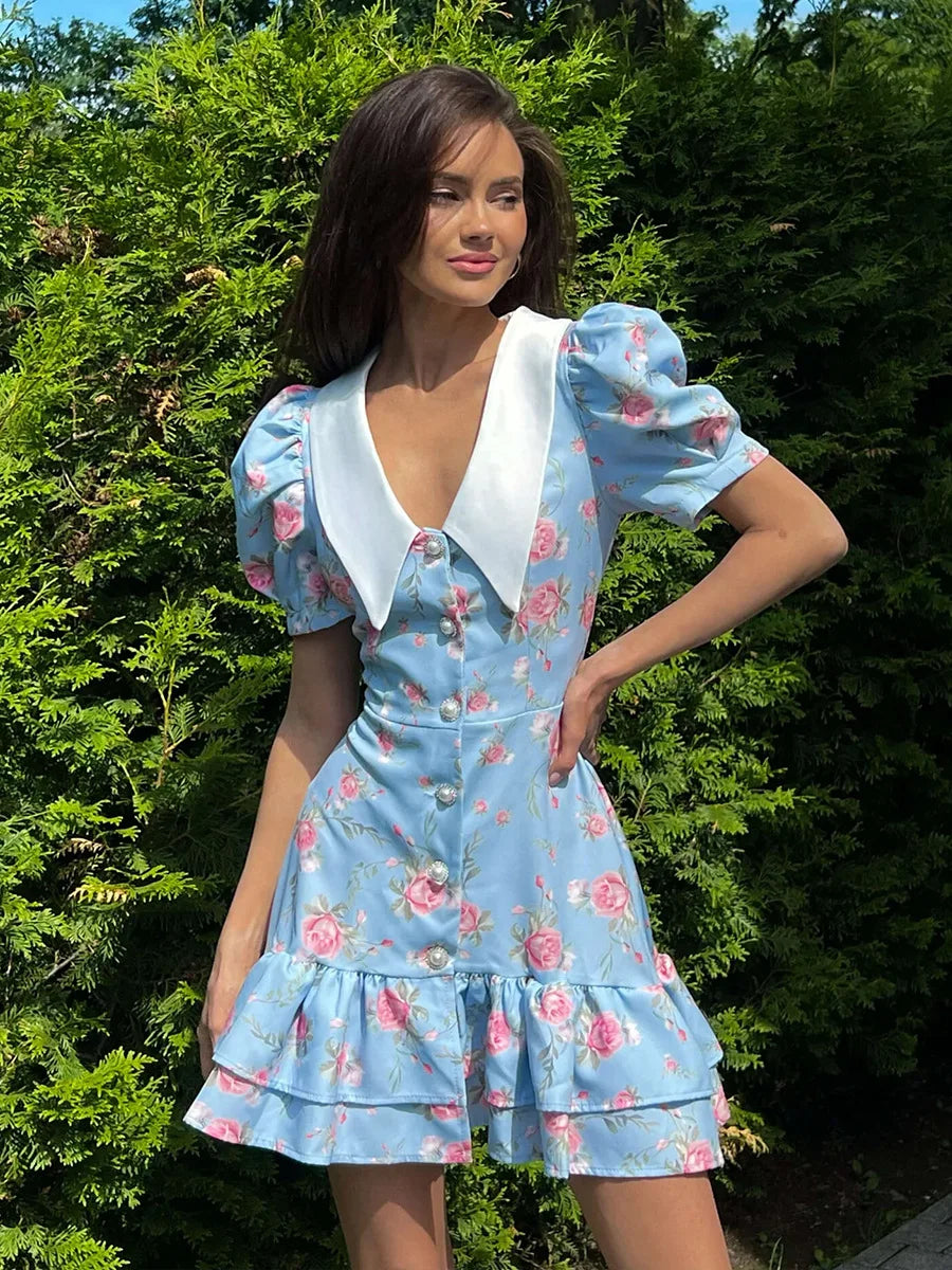 Women’s Floral Mini Dress Short Sleeve Lapel Style