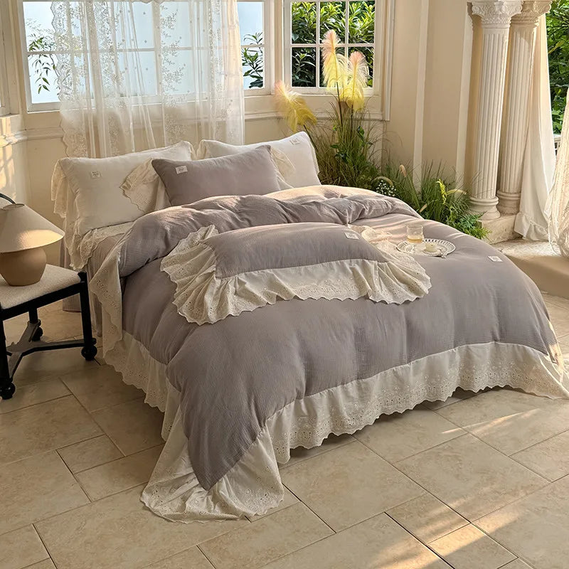 Elegant Wide Lace Solid Bedding Set