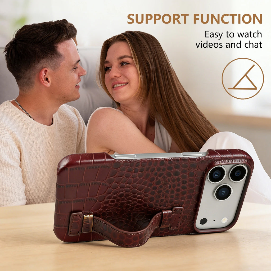 Genuine Leather Case with Wrist Strap & Kickstand for iPhone