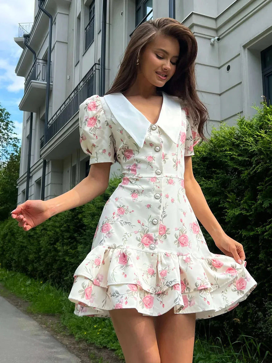 Women’s Floral Mini Dress Short Sleeve Lapel Style
