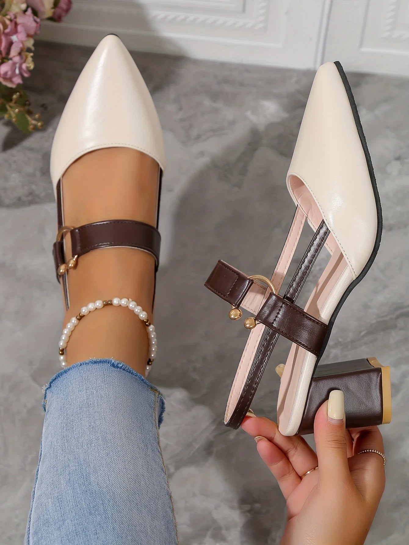 Two-Color Pointed Toe Block Sandals