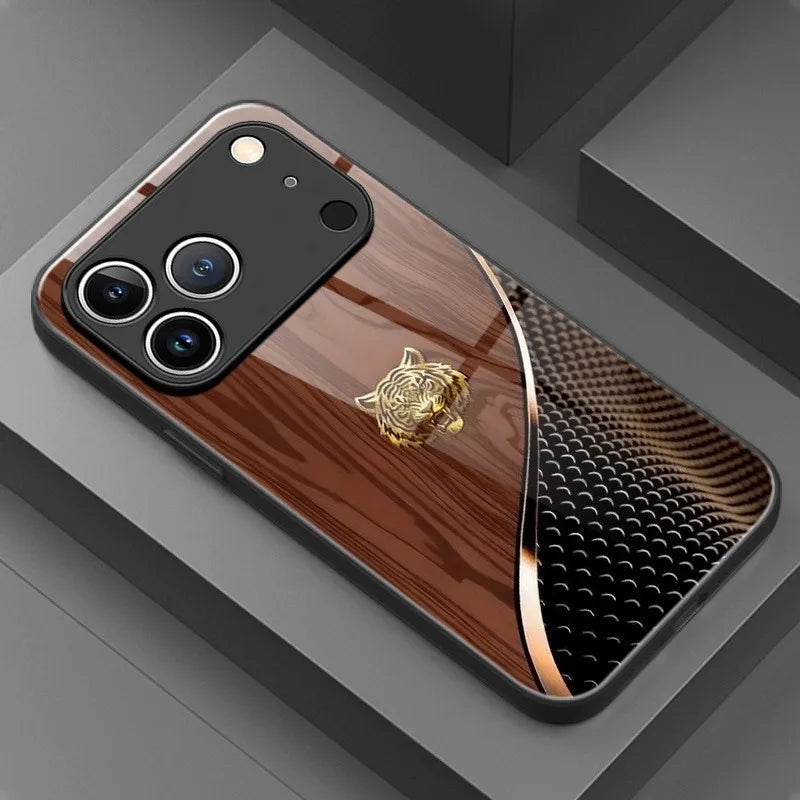 Wood Grain Tiger Head Pattern Tempered Phone Case For iPhone