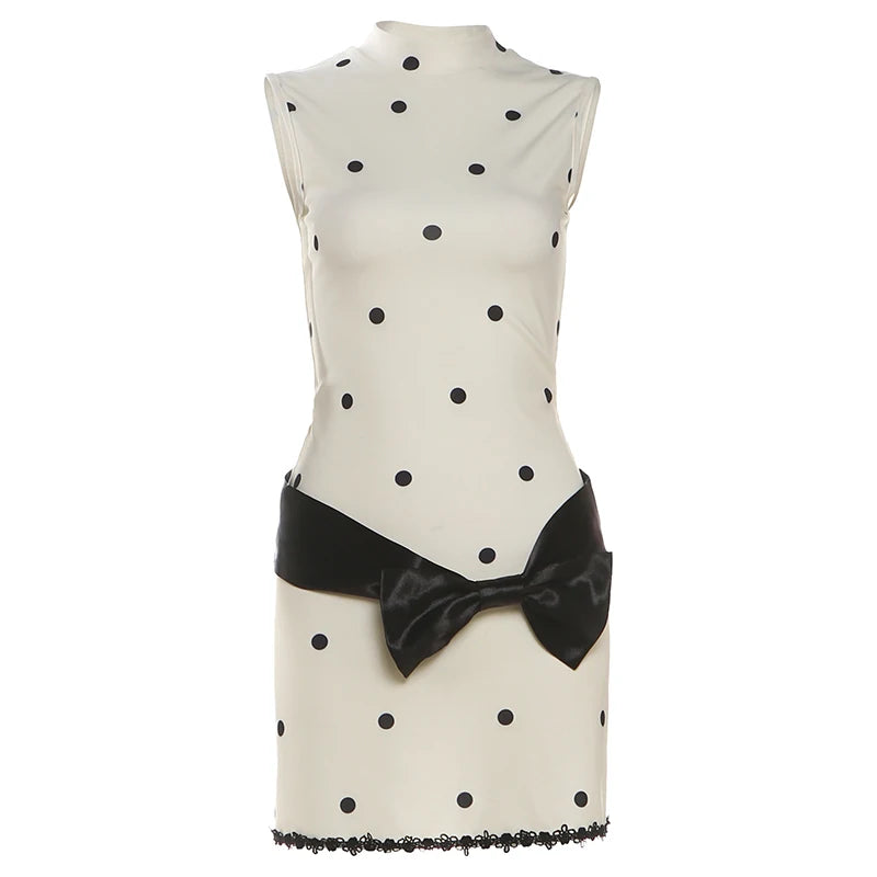 Chic Polka Dot Bodycon Dress Sleeveless Lace Bow