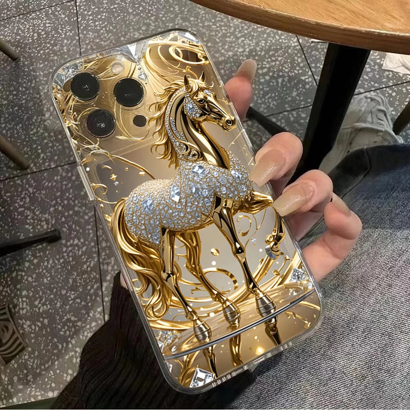 Golden Horse Diamond Printed Phone Case For iPhone