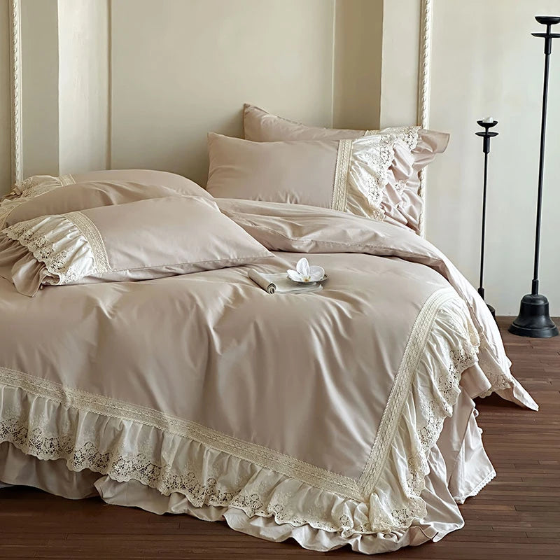 Elegant French Lace Ruffle Bedding Set 100% Cotton