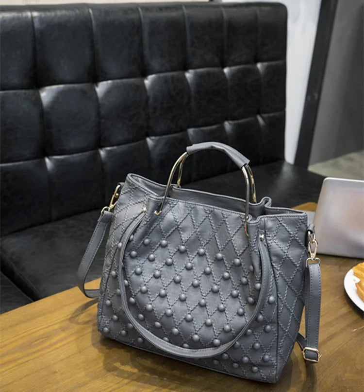 Soft Black Genuine Leather Rivet Large Handbag