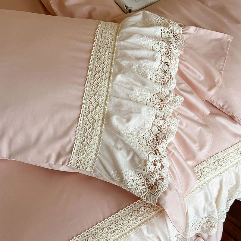 Elegant French Lace Ruffle Bedding Set 100% Cotton