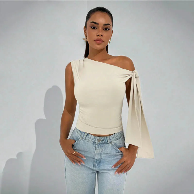 Women’s Elegant Sleeveless Slim Fit Top with Knot Necktie