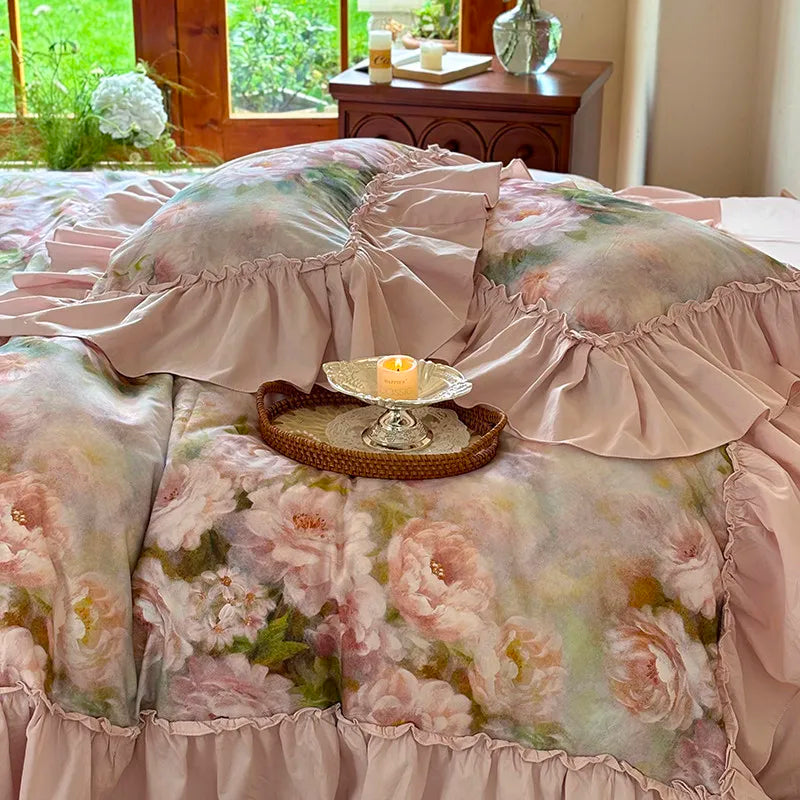 Luxurious  Chic Vintage Rose French Ruffle Fringe Bedding Set 100% Cotton