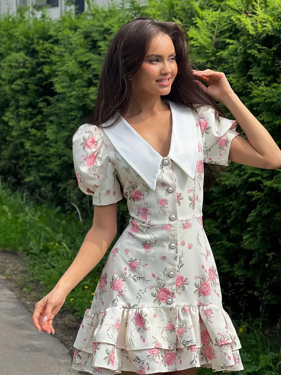 Women’s Floral Mini Dress Short Sleeve Lapel Style