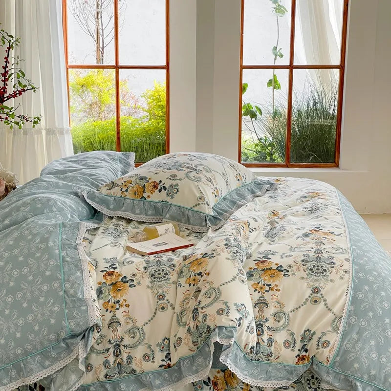 Elegant Ruffle Elegant Vintage Floral Bedding Set 100% Cotton