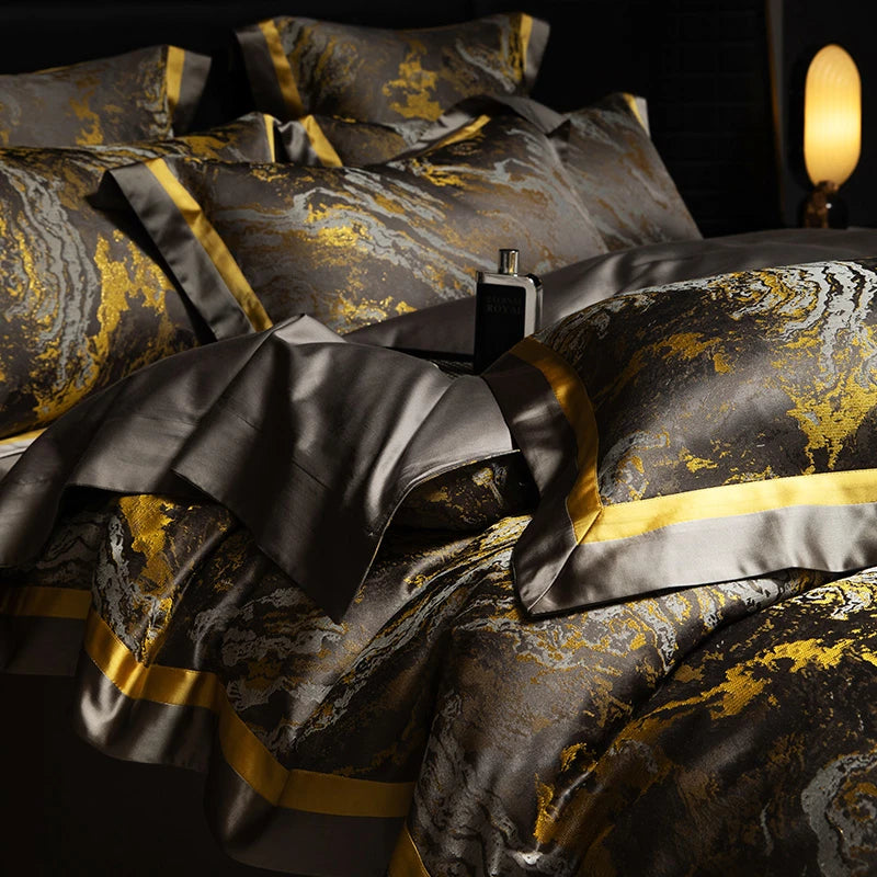 Luxury Black Gold Satin Jacquard Bedding Set 1000TC Cotton