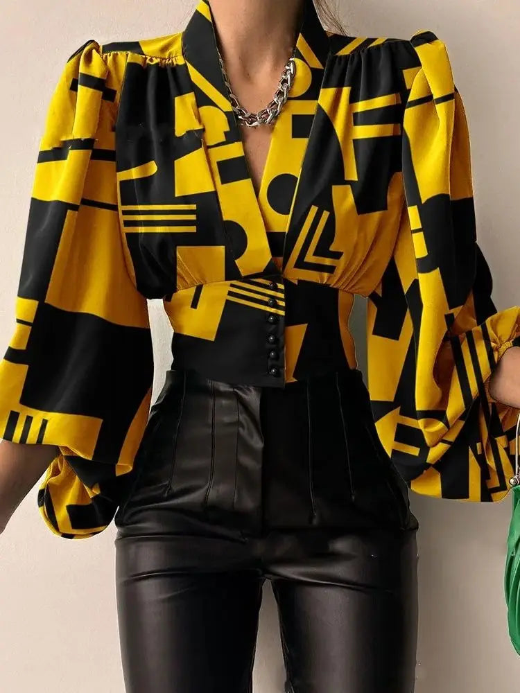 Elegant Lantern Long Sleeve  V-neck Blouse