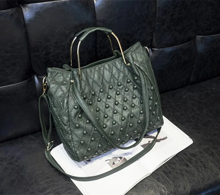 Soft Black Genuine Leather Rivet Large Handbag