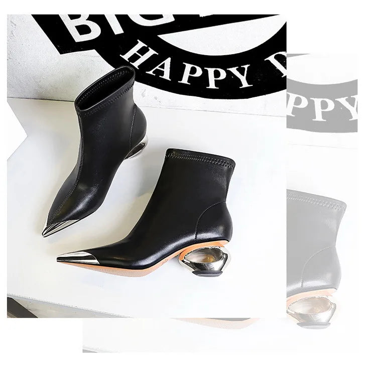 Metal Pointed Toes Ankle  Boots With Hollow Heel Iron Head