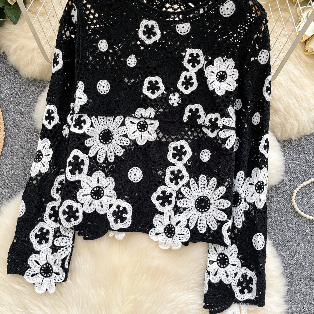 Elegant Hollow Floral Knit Pullover