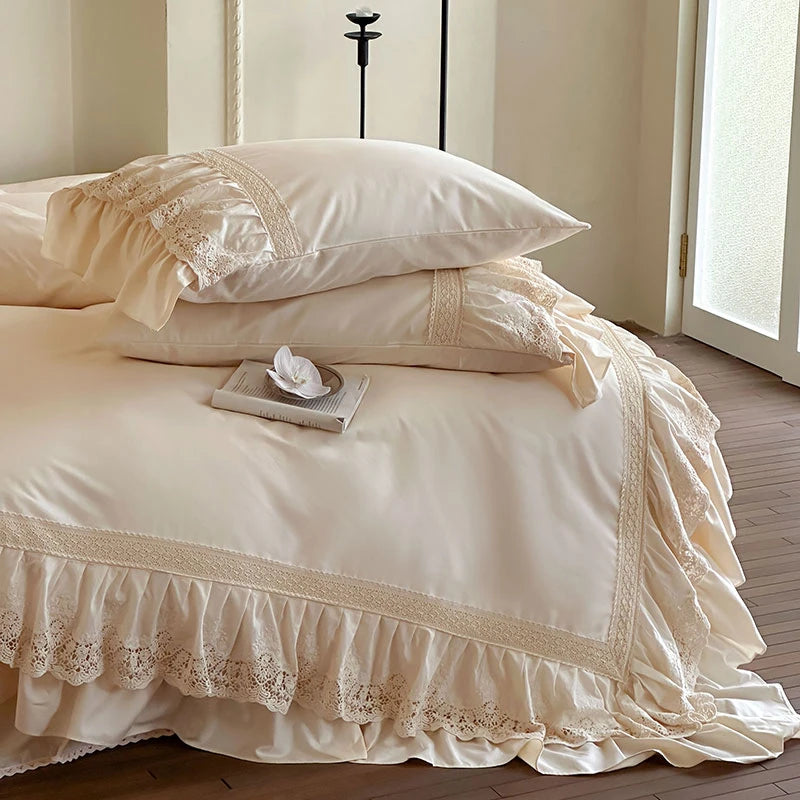 Elegant French Lace Ruffle Bedding Set 100% Cotton