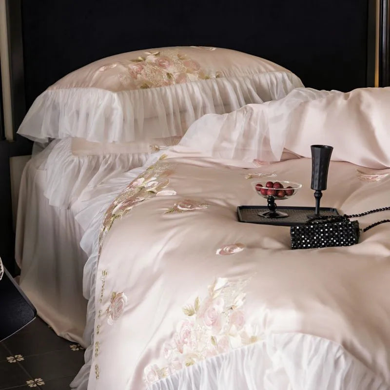Beautiful Flowers Embroidery Ruffle Bedding Set 100% Cotton