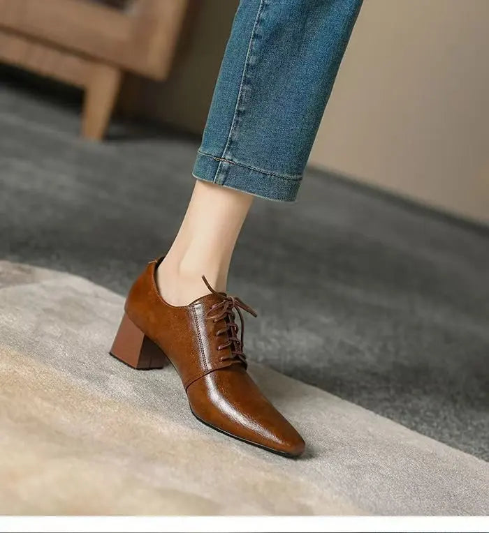 Women’s Square Toe Chunky Heel Leather Loafers