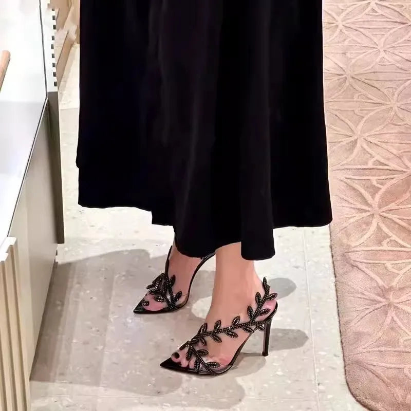 Summer Crystal Rhinestone Leaf High Heels Sandals