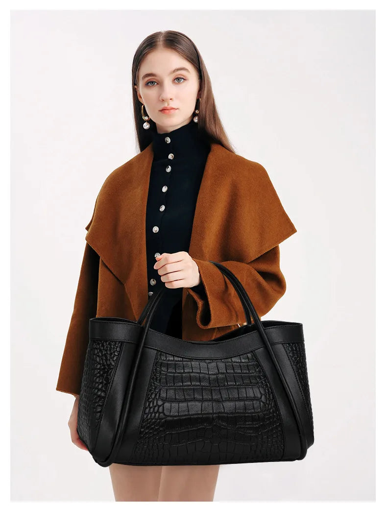Oversized Crocodile Pattern Leather Tote Shoulder Bag
