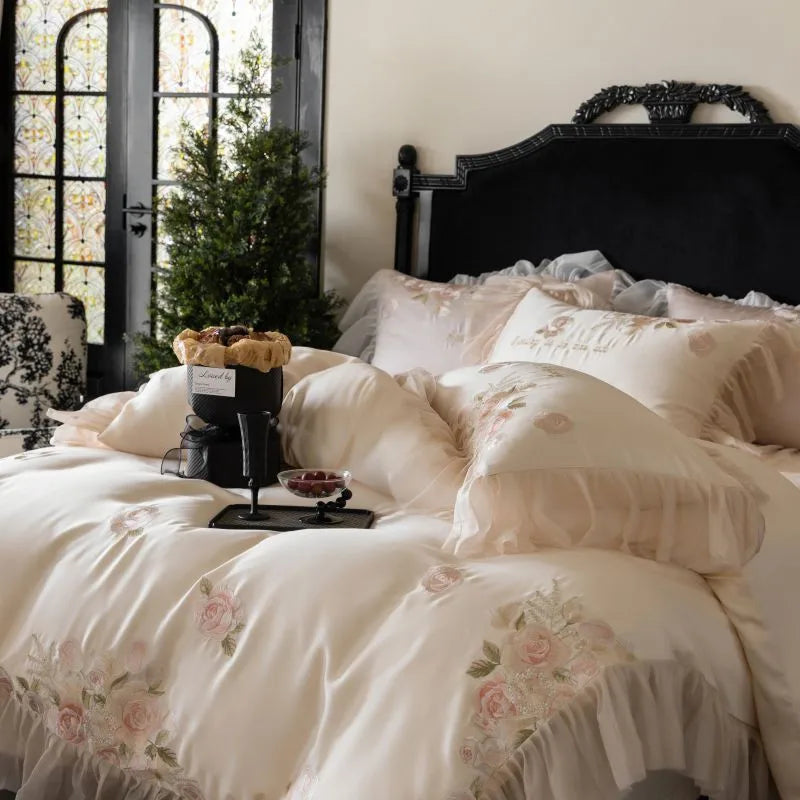 Beautiful Flowers Embroidery Ruffle Bedding Set 100% Cotton