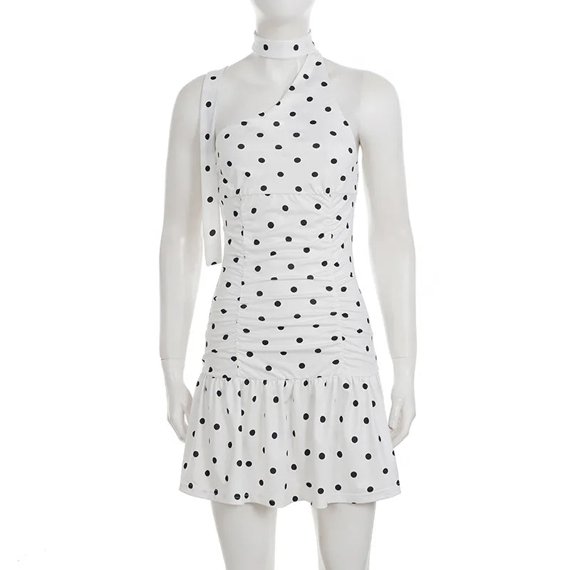 Polka Dot One Shoulder Ruched Waist Bodycon Mini Dress