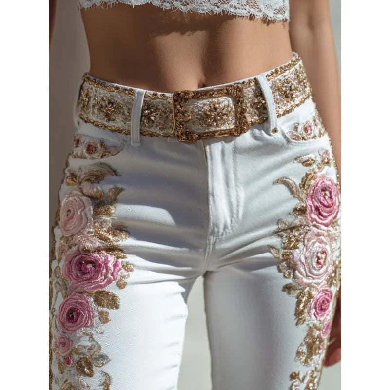 American Style Floral Print Straight Leg Denim Jeans