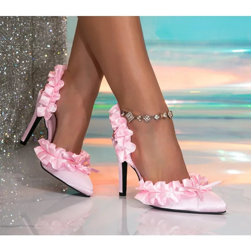 Pleated Silk Pink Pointed Toe High Heel Pumps
