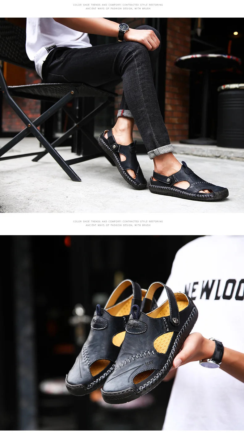 Men’s Premium Leather Sandals – Breathable Slip-On