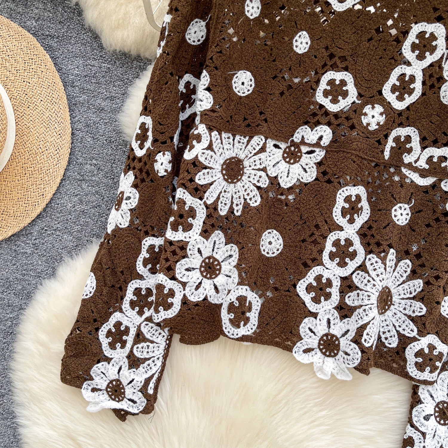 Elegant Hollow Floral Knit Pullover