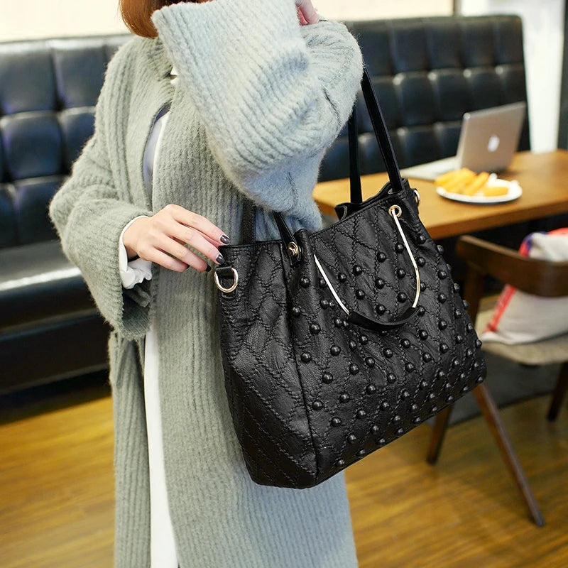 Soft Black Genuine Leather Rivet Large Handbag