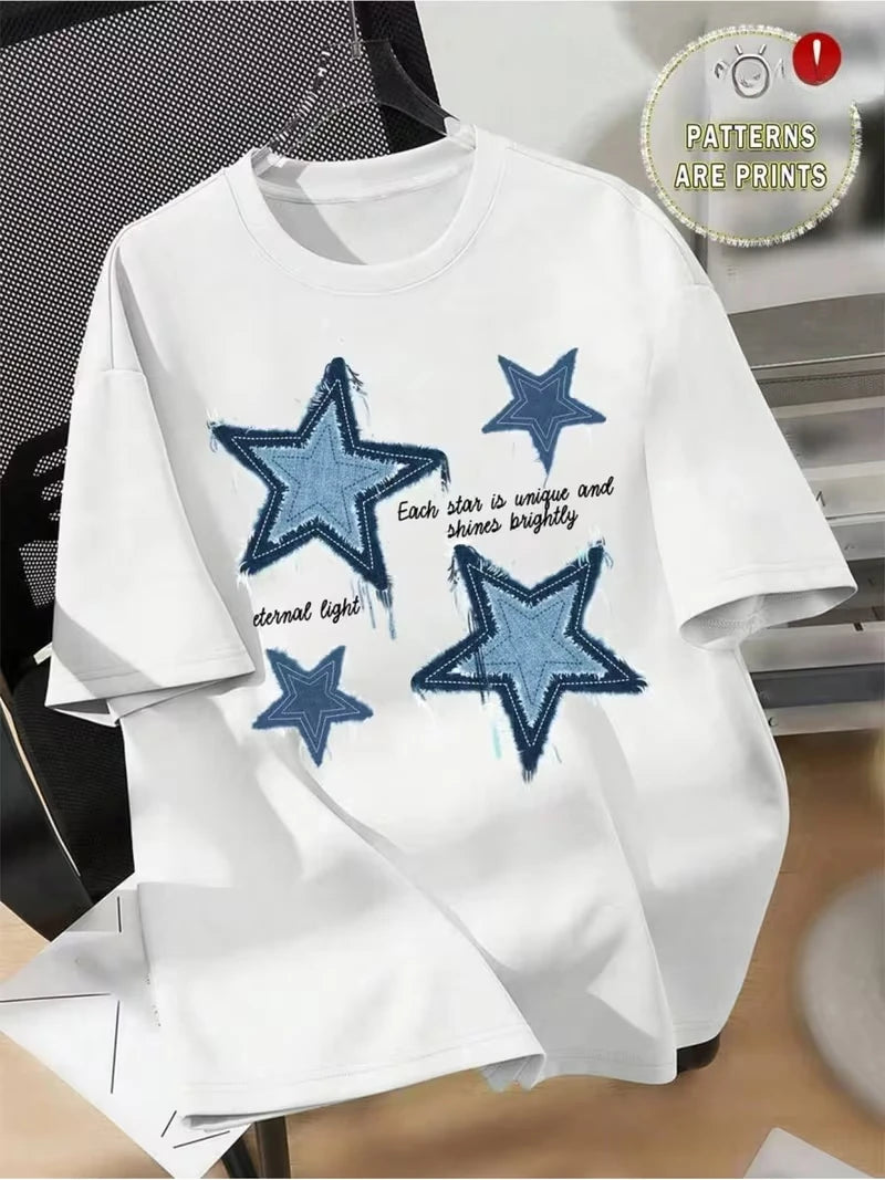 Distressed Denim Star Print Graphic T-Shirt