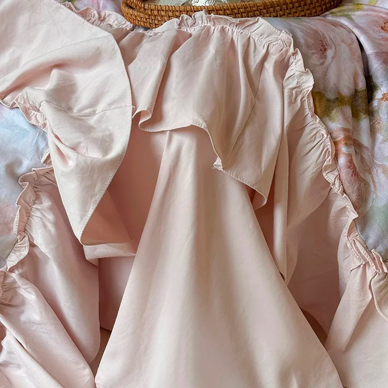 Luxurious  Chic Vintage Rose French Ruffle Fringe Bedding Set 100% Cotton