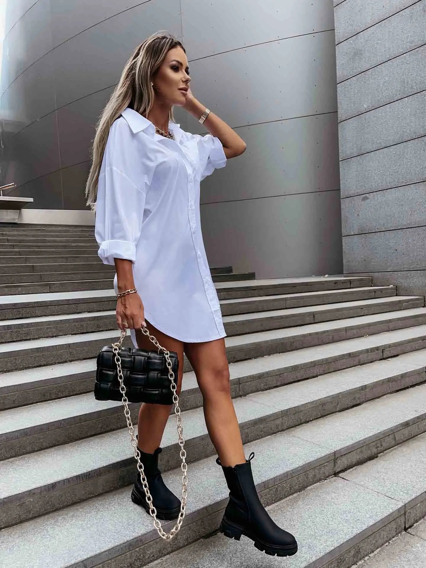 Women’s Solid Color Button Front Shirt Dress