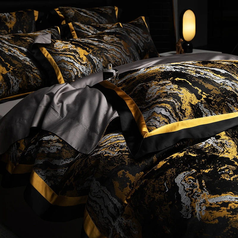 Luxury Black Gold Satin Jacquard Bedding Set 1000TC Cotton