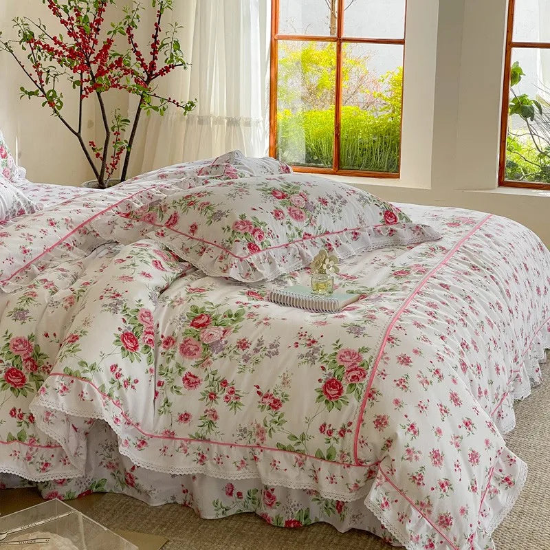 Elegant Ruffle Elegant Vintage Floral Bedding Set 100% Cotton