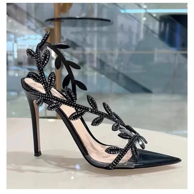 Summer Crystal Rhinestone Leaf High Heels Sandals
