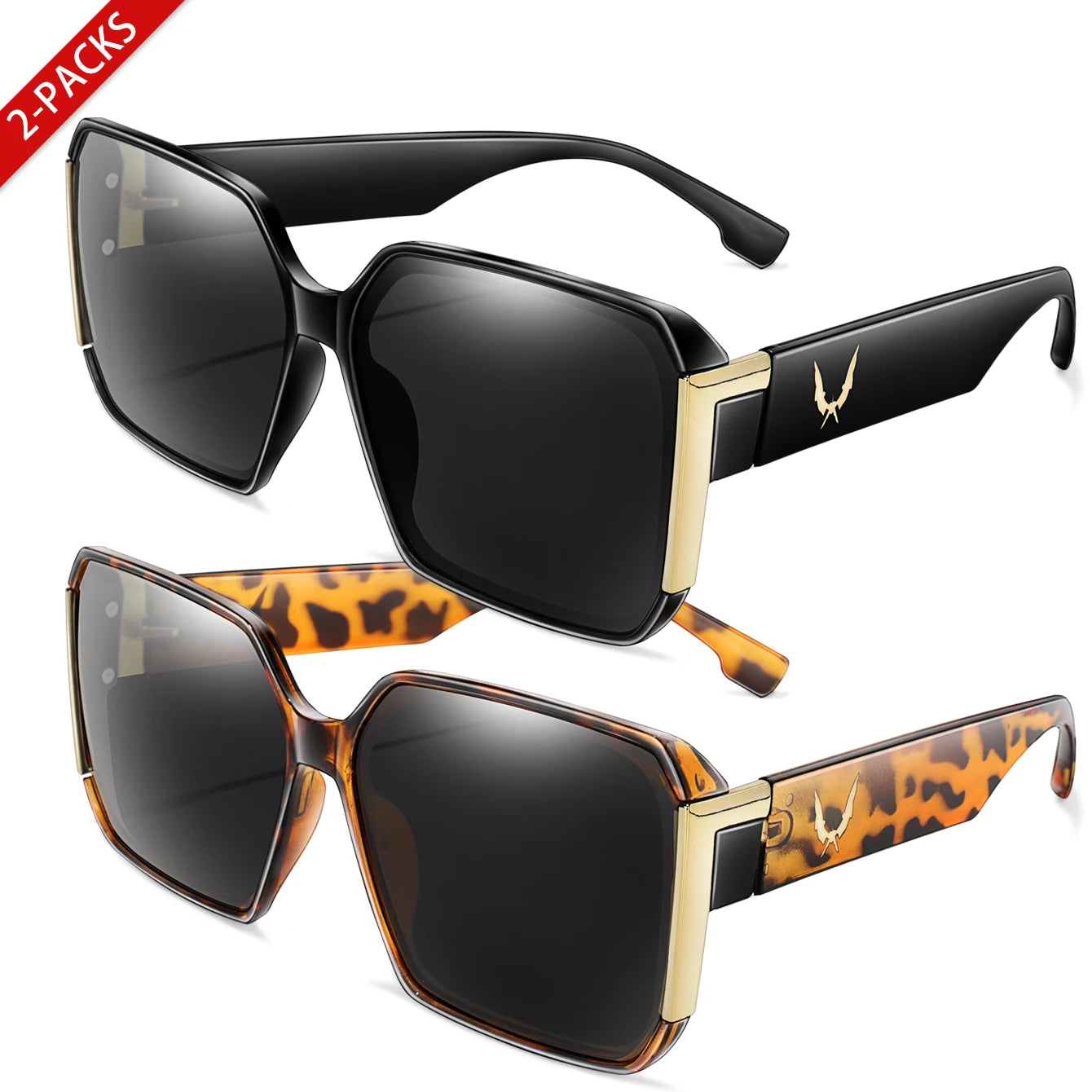 Elegant 2 Packs Unisex Square Sunglasses With UV Protection