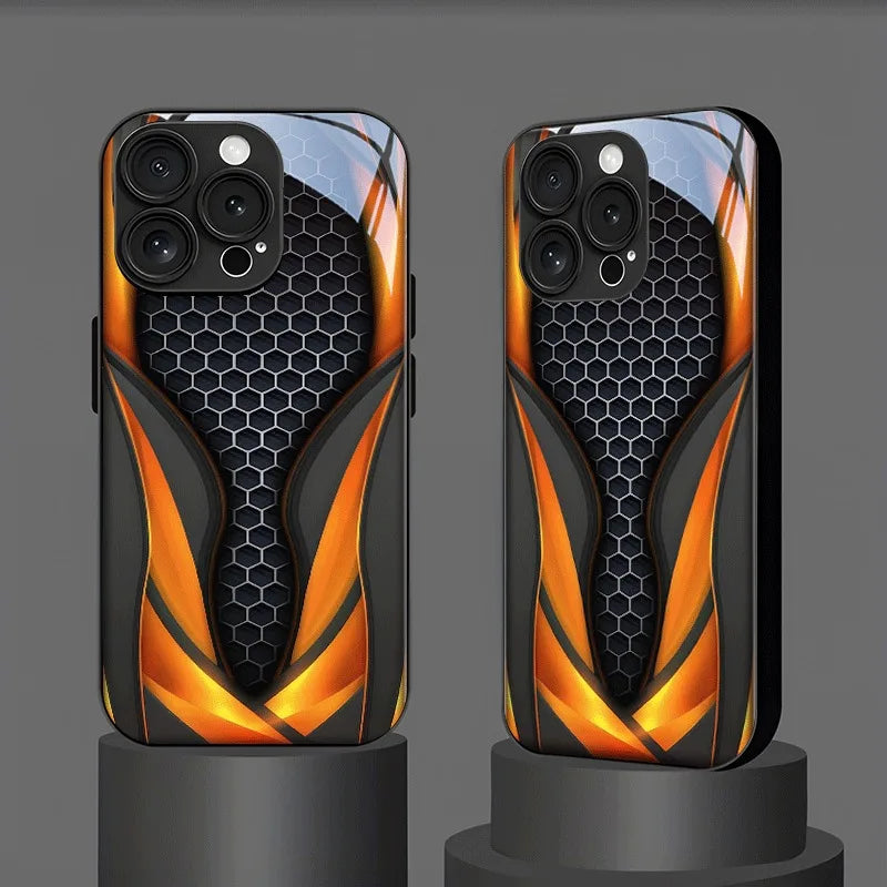 Black Orange Honeycomb Pattern Tempered Glass Phone Case for iPhone