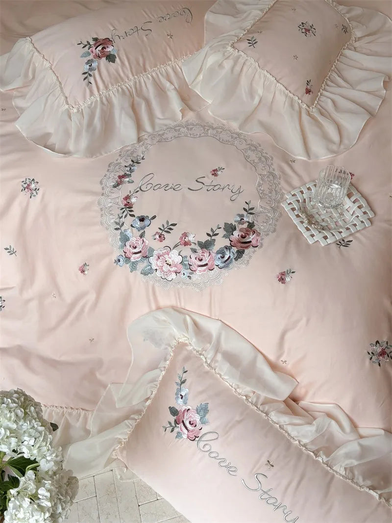 100% Egyptian Cotton Floral Embroidery Luxurious Bedding Set