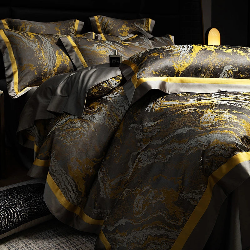 Luxury Black Gold Satin Jacquard Bedding Set 1000TC Cotton