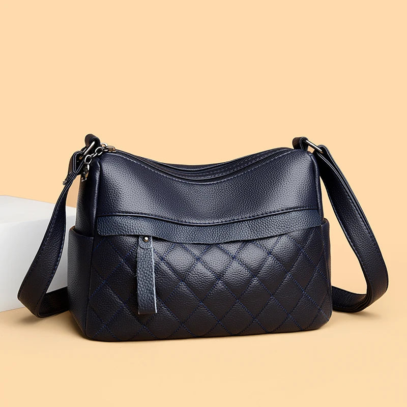 Checker Style Genuine Soft Leather Shoulder Bag